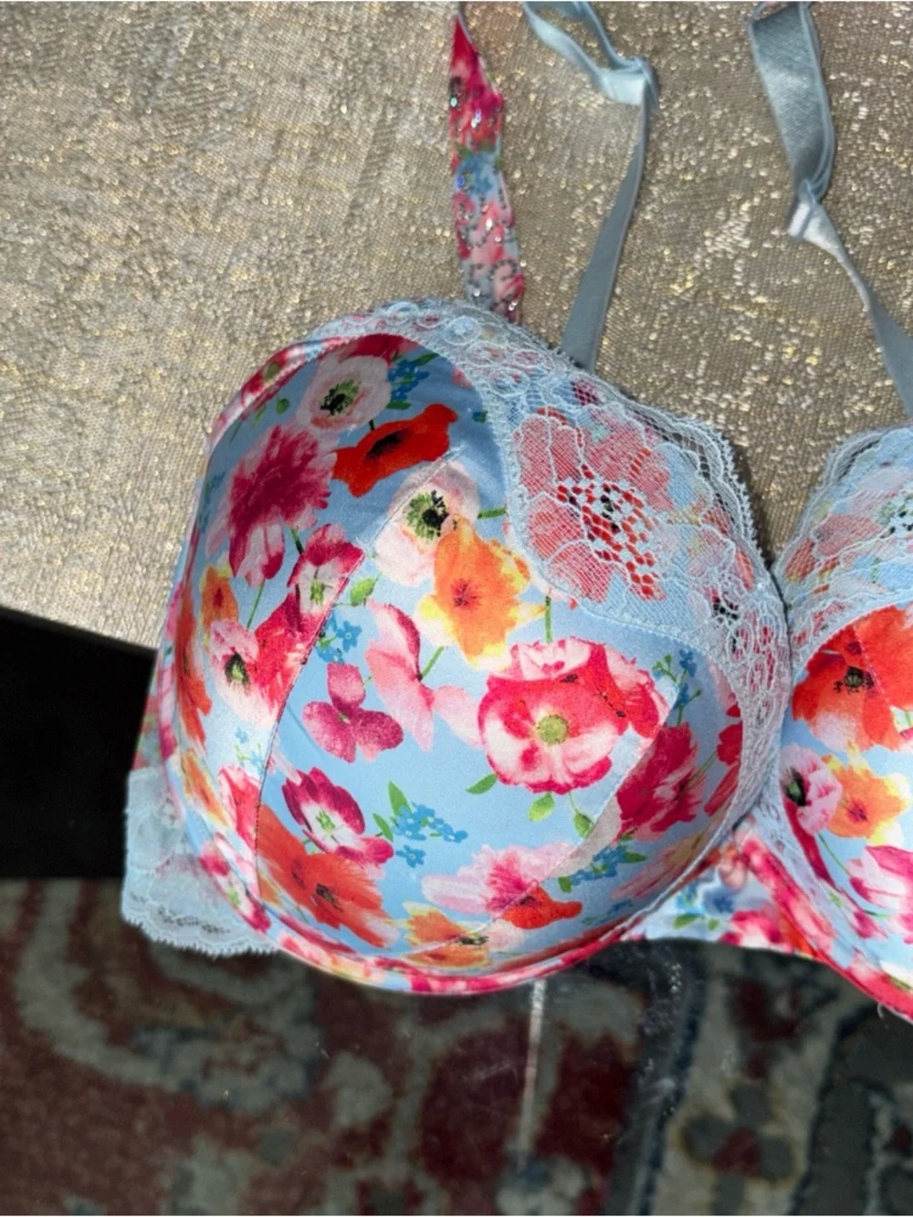 Victoria's Secret BOMBSHELL Light Blue Floral Lace Push-Up Bra